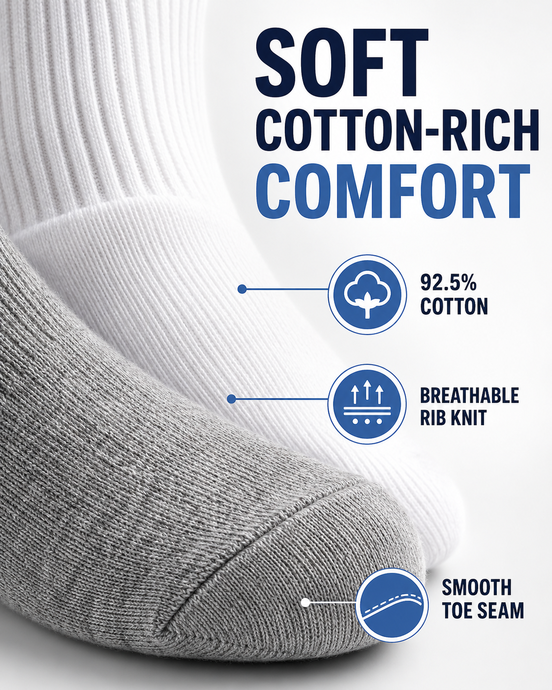 Cotton-rich knit ribbed shaft and smooth toe construction