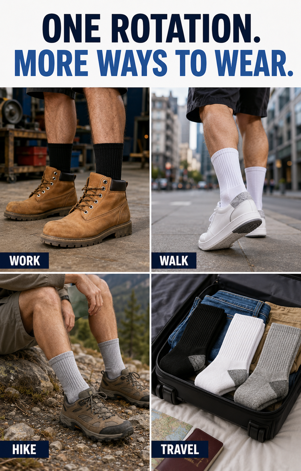 Crew socks for everyday work walking hiking and travel