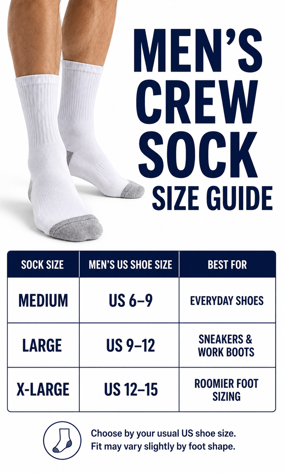 Crew sock size guide for US shoe sizes 6 through 15