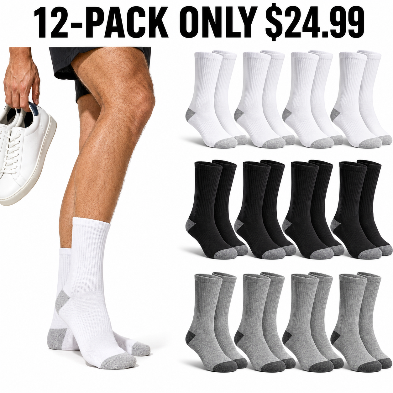 12-Pack All Colors cotton-rich cushioned crew socks, Only $24.99