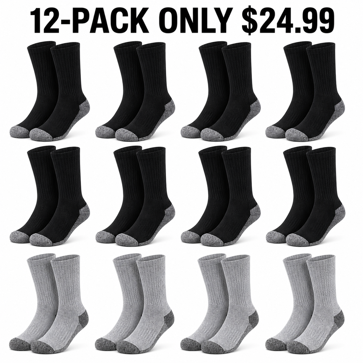 12-Pack Dark Essentials cotton-rich cushioned crew socks, Only $24.99