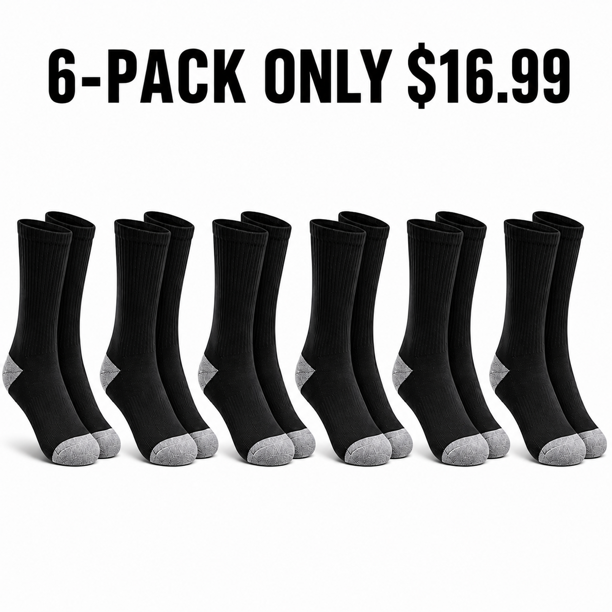 6-Pack Black cotton-rich cushioned crew socks, Only $16.99