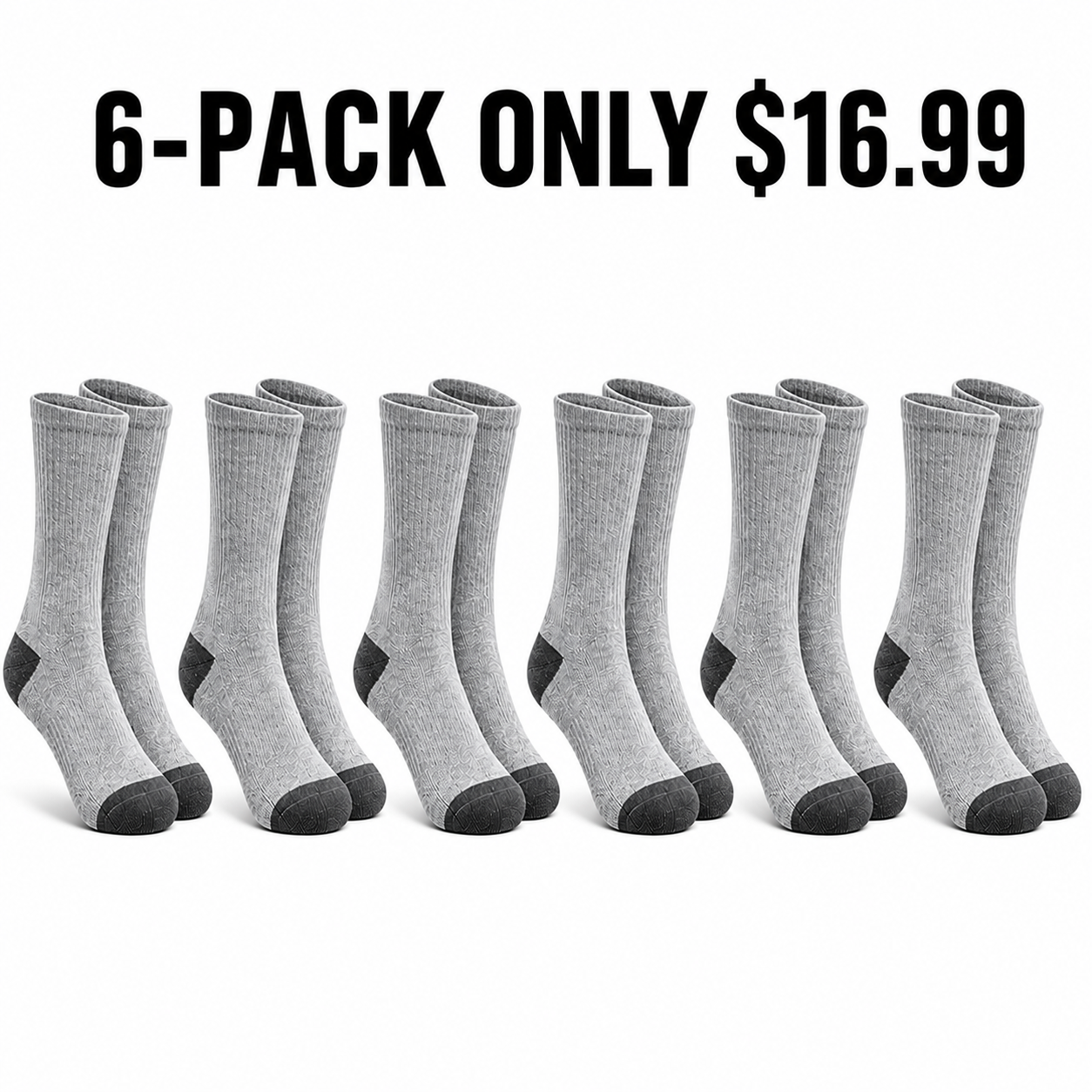 6-Pack Gray cotton-rich cushioned crew socks, Only $16.99