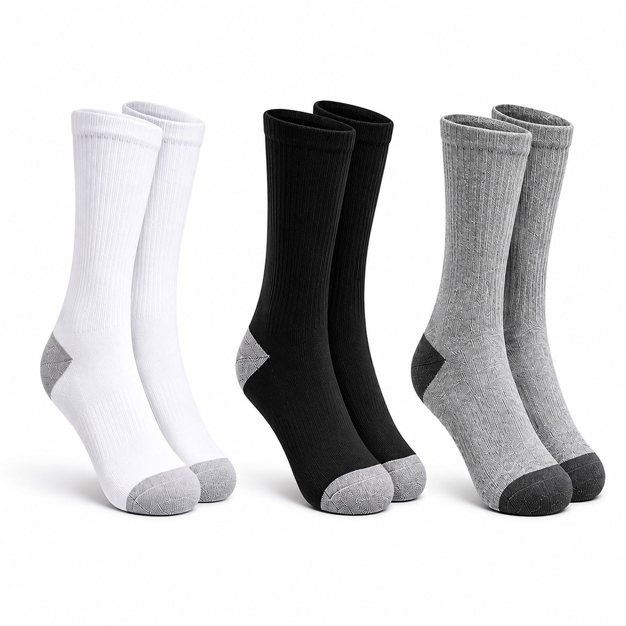 White black and heather gray crew sock product colors
