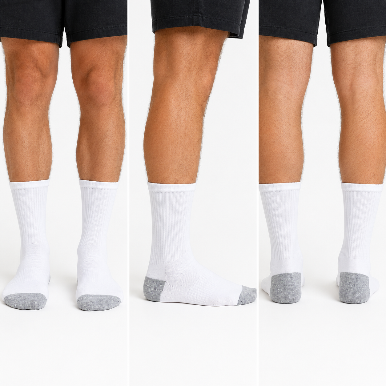 Cotton-rich crew socks front side and back on-foot fit views