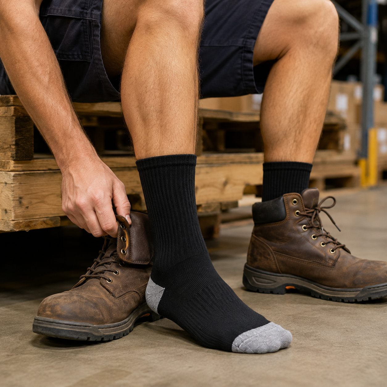 Cushioned crew socks worn with work shoes