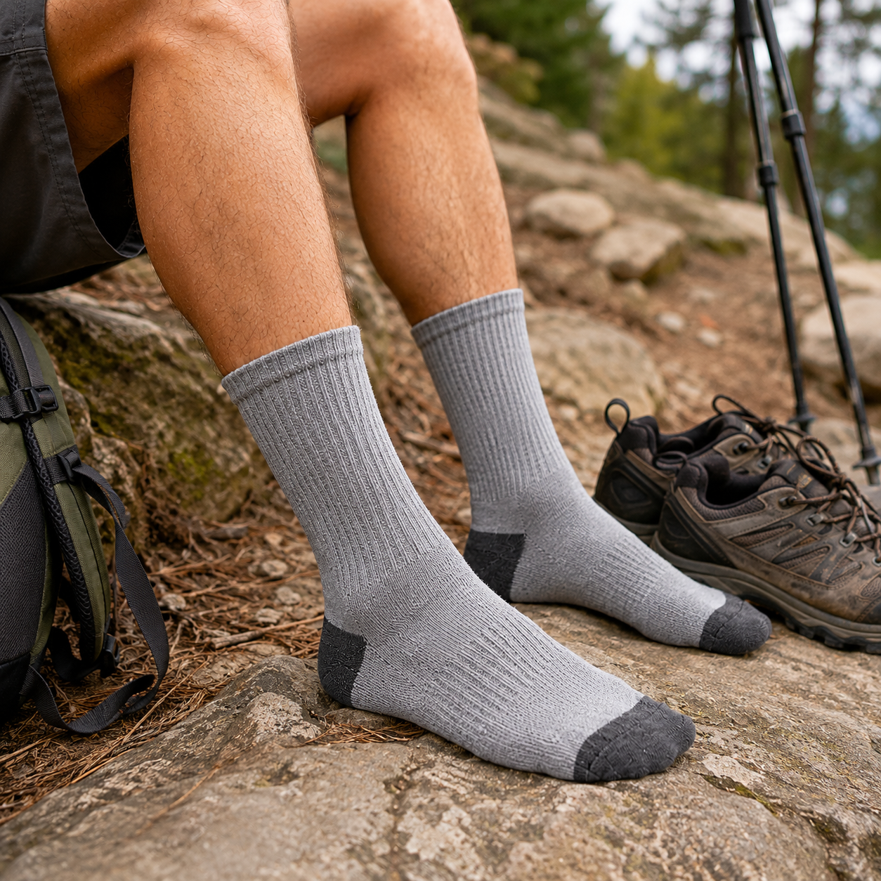 Cushioned crew socks worn for hiking
