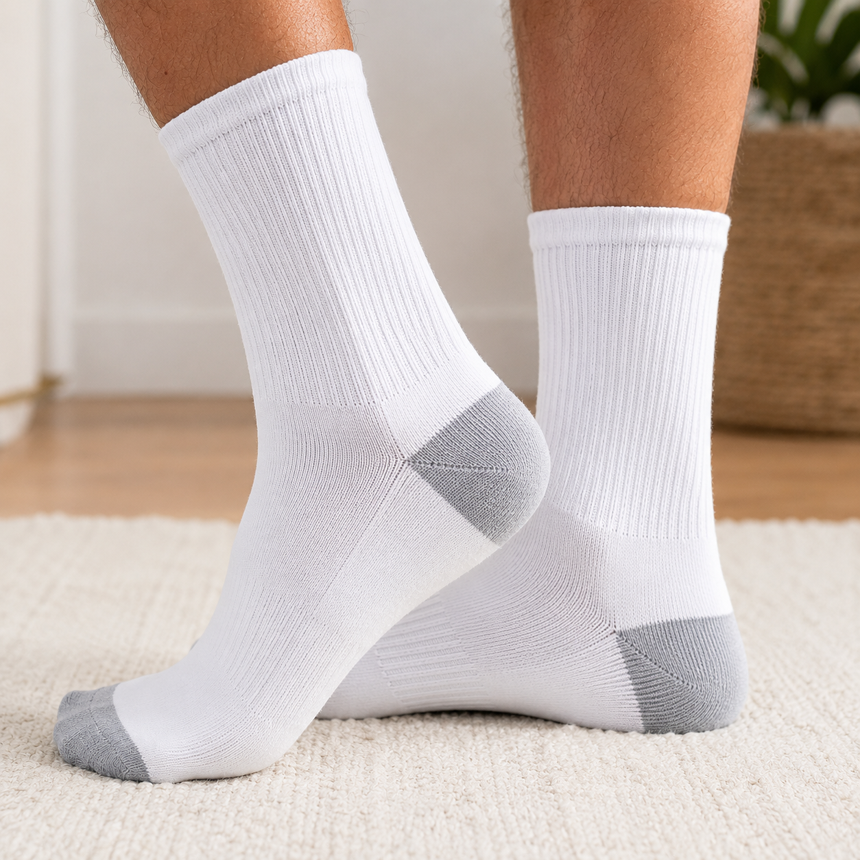 Close on-foot view of ribbed mid-calf crew sock fit