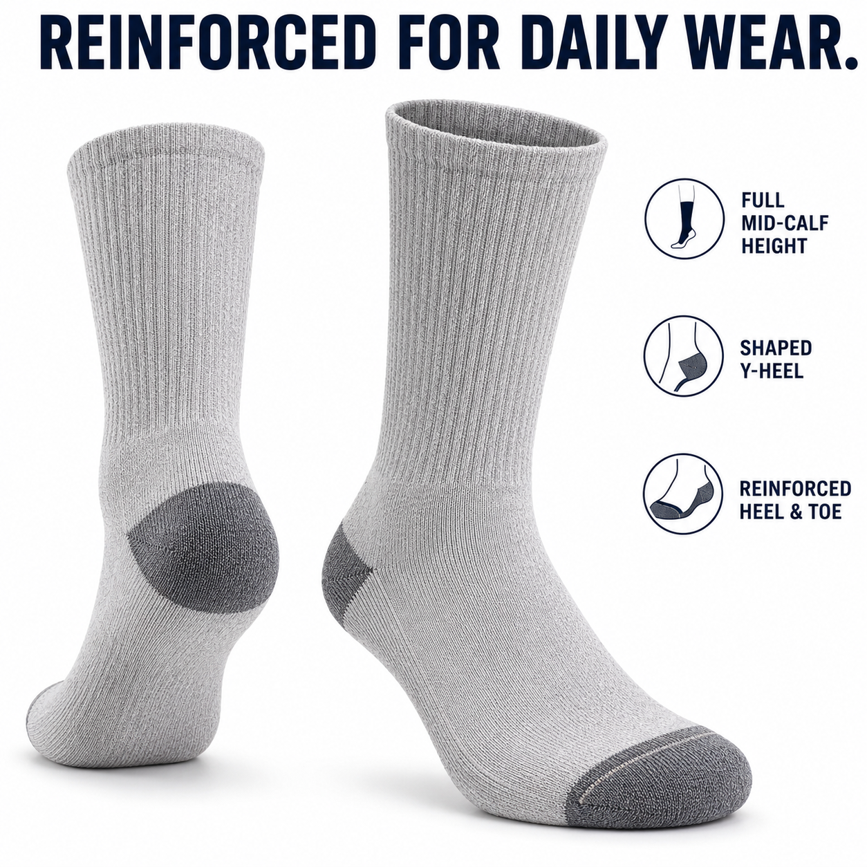 Full-height mid-calf crew sock with reinforced heel and toe