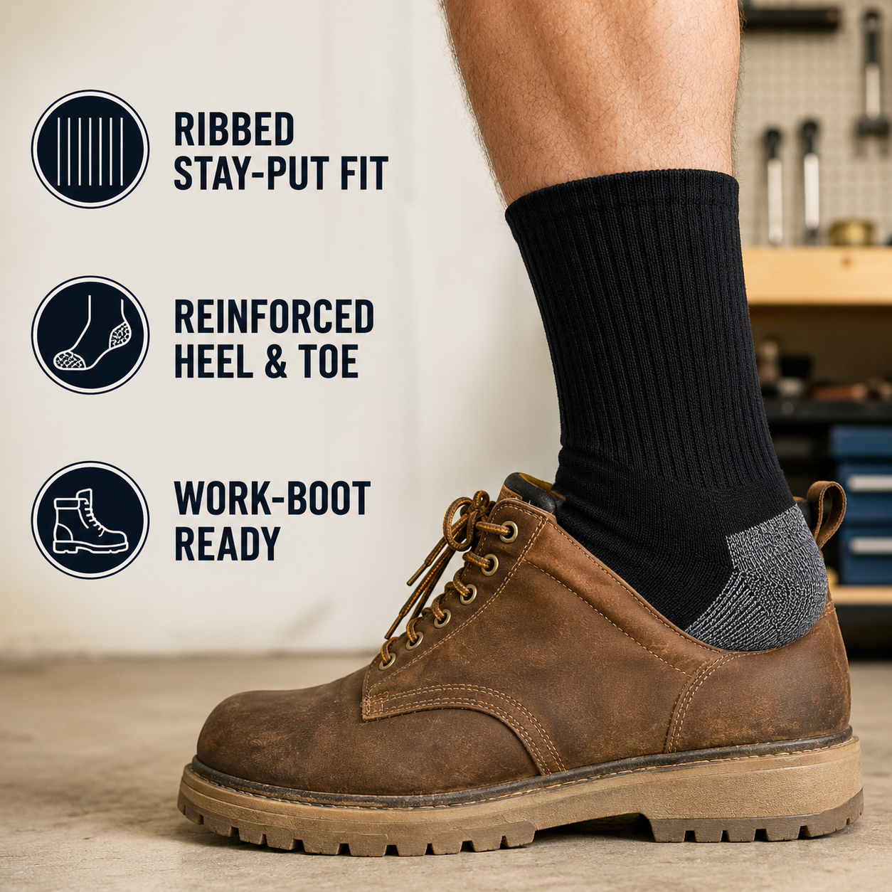 Cushioned crew socks for long workdays and boots