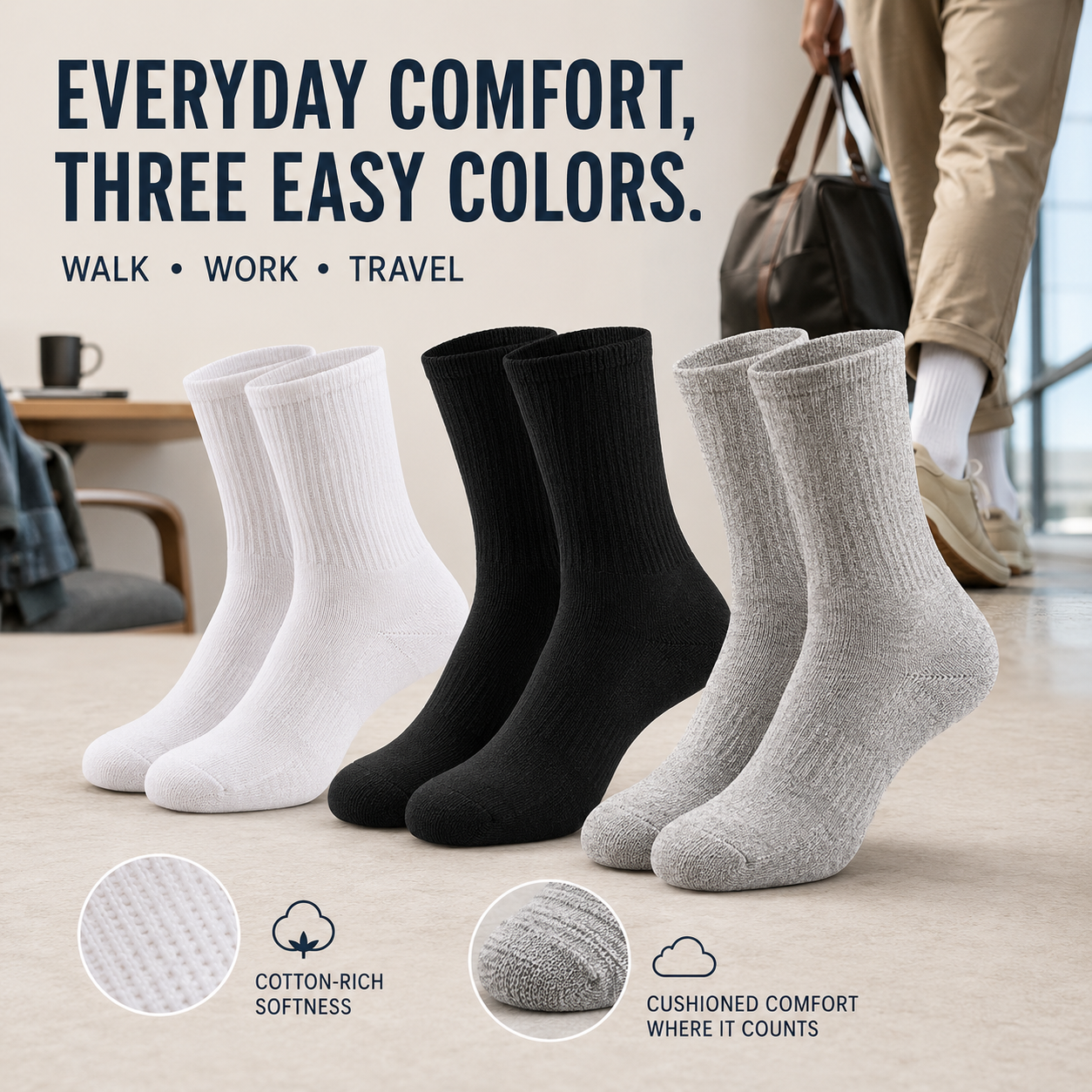 Cotton-rich crew socks for everyday walking and travel