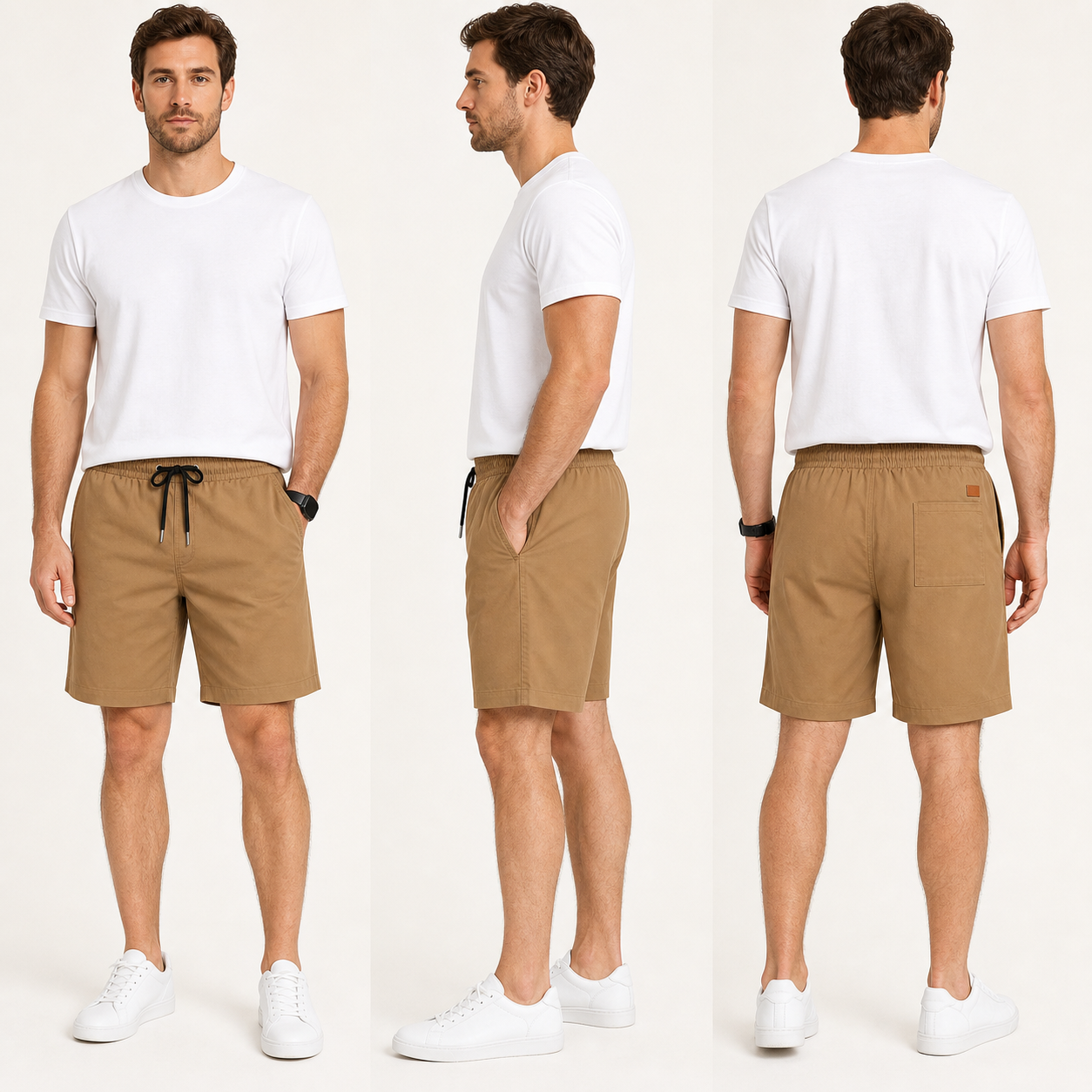 Men's dark khaki shorts front, side and back views