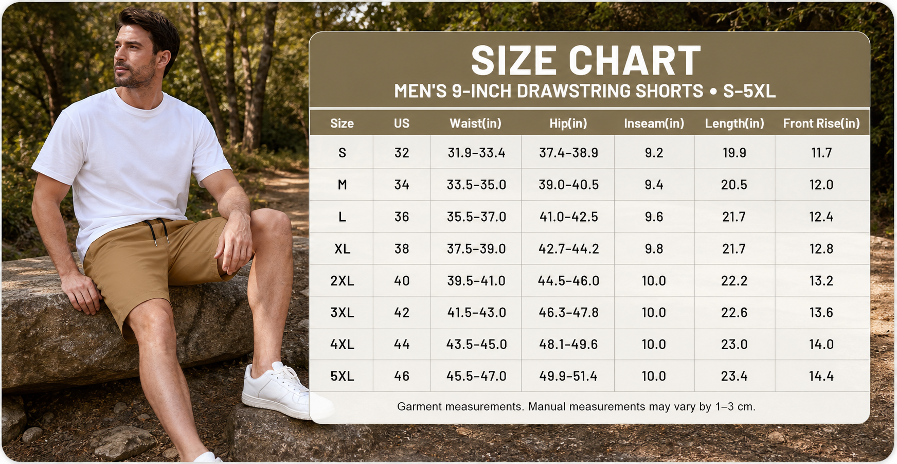 Men's 9-inch drawstring shorts size chart S to 5XL, outdoor dark khaki lifestyle