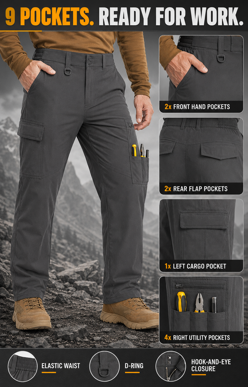 Nine-pocket work-pants organization with exact pocket positions and no overlapping objects