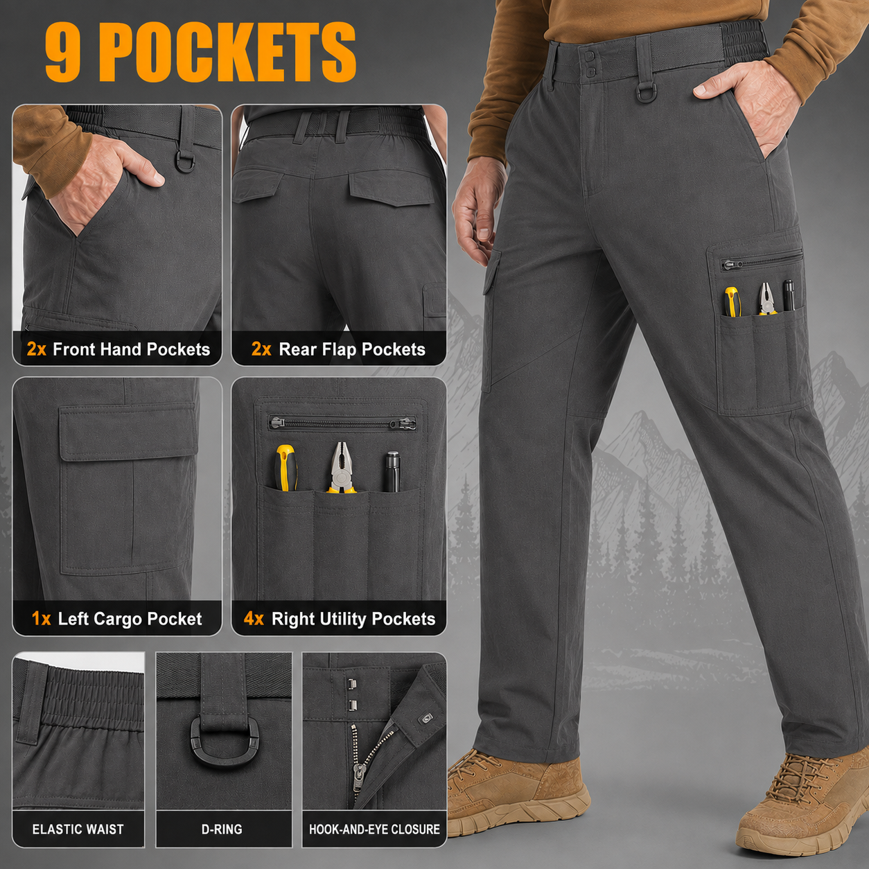 Nine verified pockets organized for tools and everyday essentials without pocket overlap