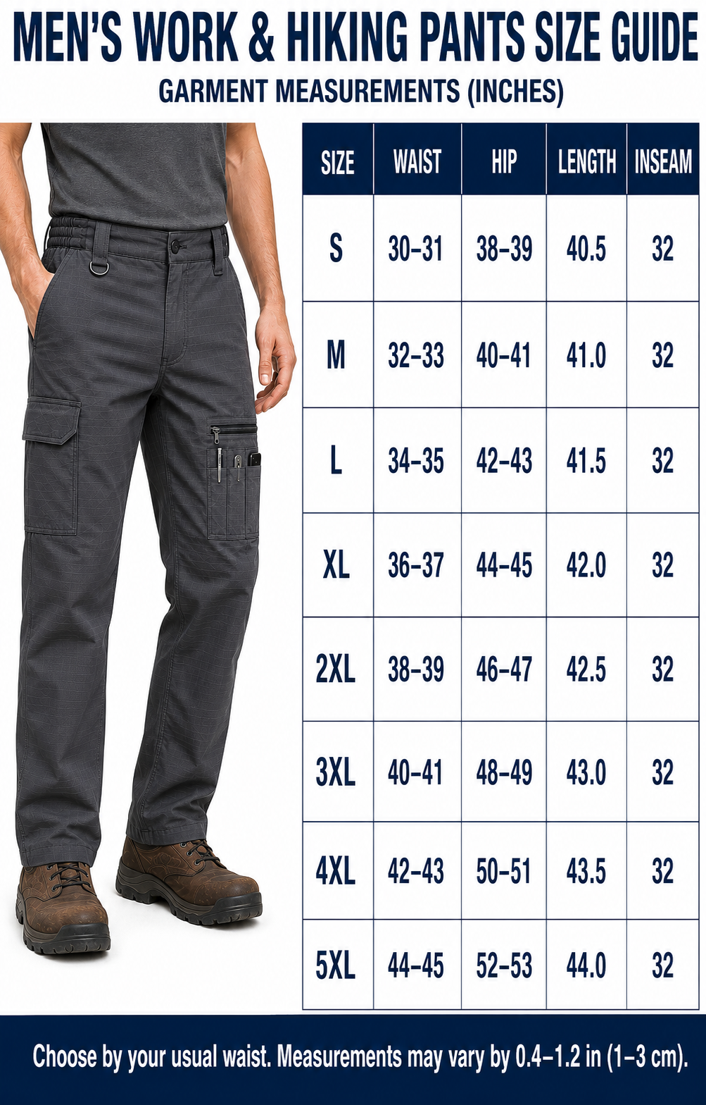 S to 5XL garment size guide with lower-body model and enlarged table
