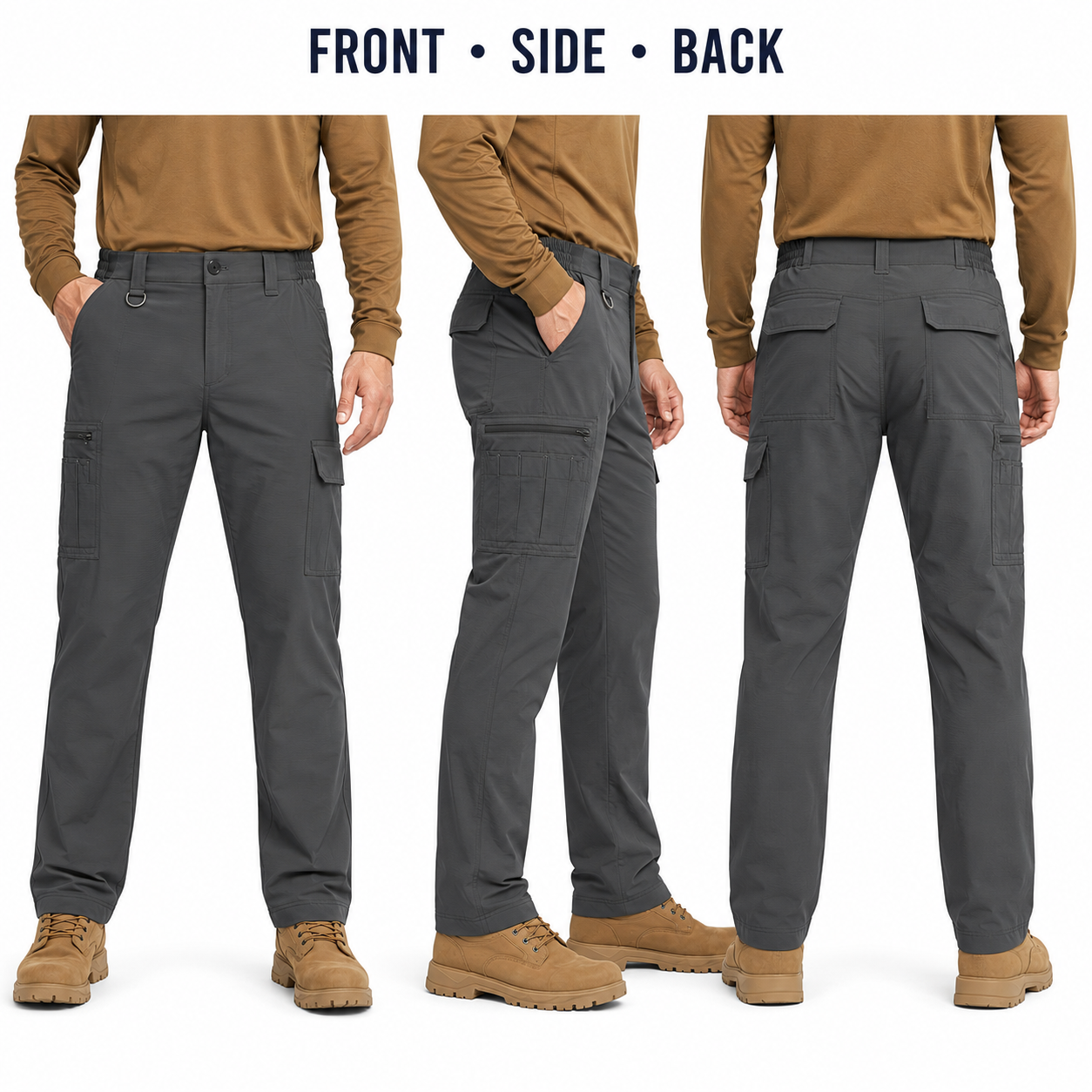Faceless front side and back fit views of the 9-pocket work pants