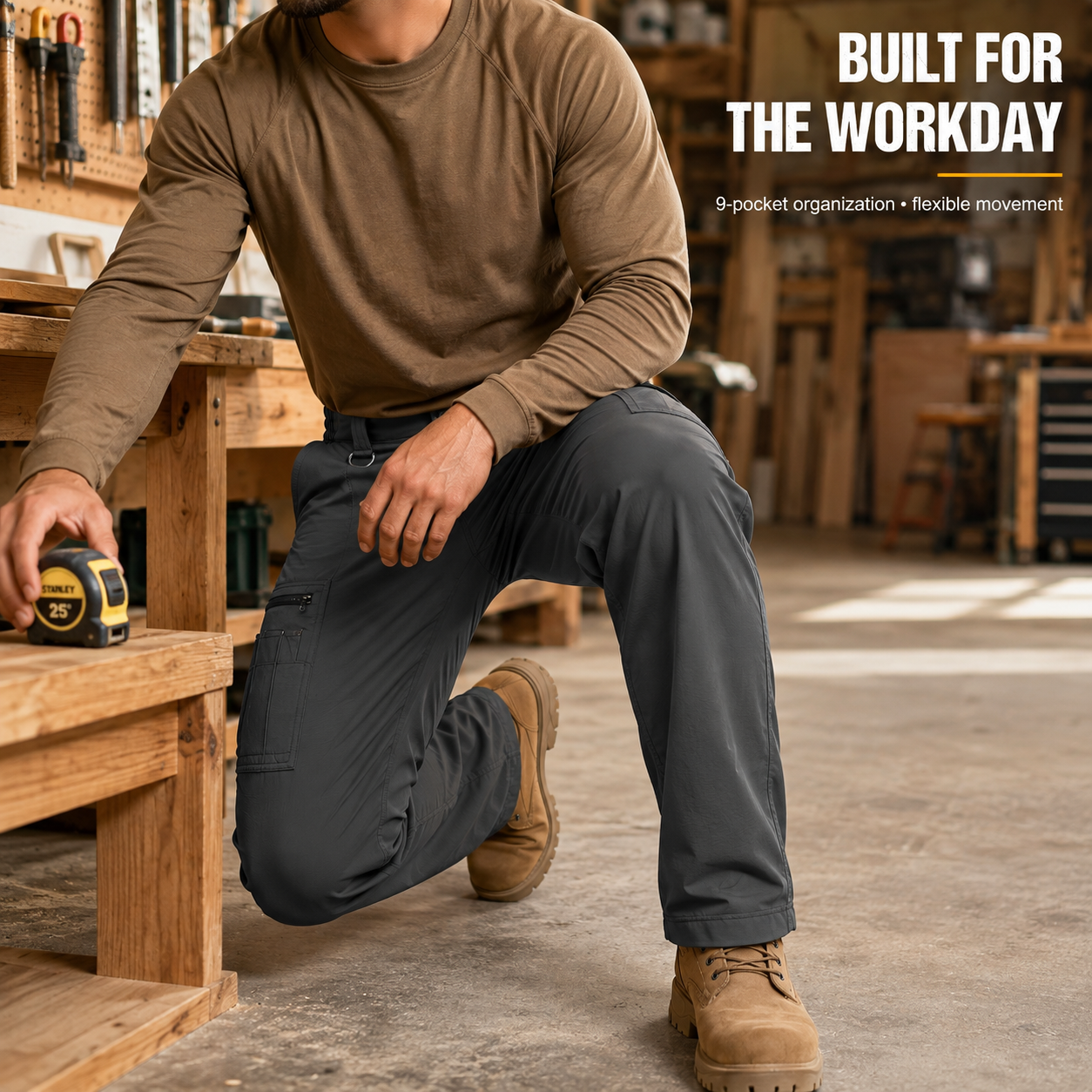 Nine-pocket work pants worn during workshop maintenance