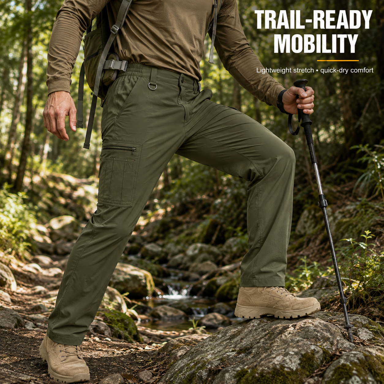 Lightweight stretch work pants worn for hiking