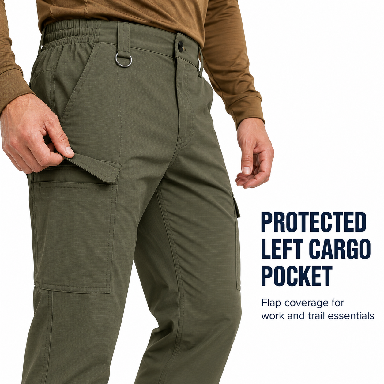 Left-thigh protective flap cargo pocket close-up
