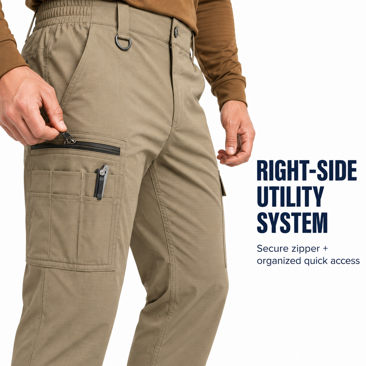 Right-thigh zipper pocket and three open organizer pockets