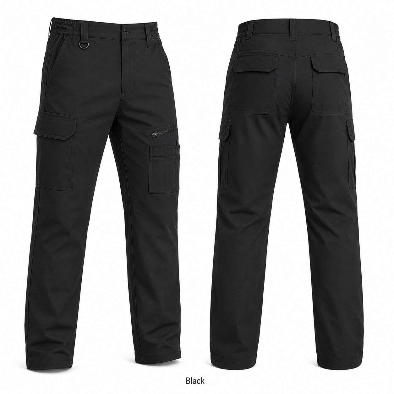 Black 9-pocket work pants front and back product view