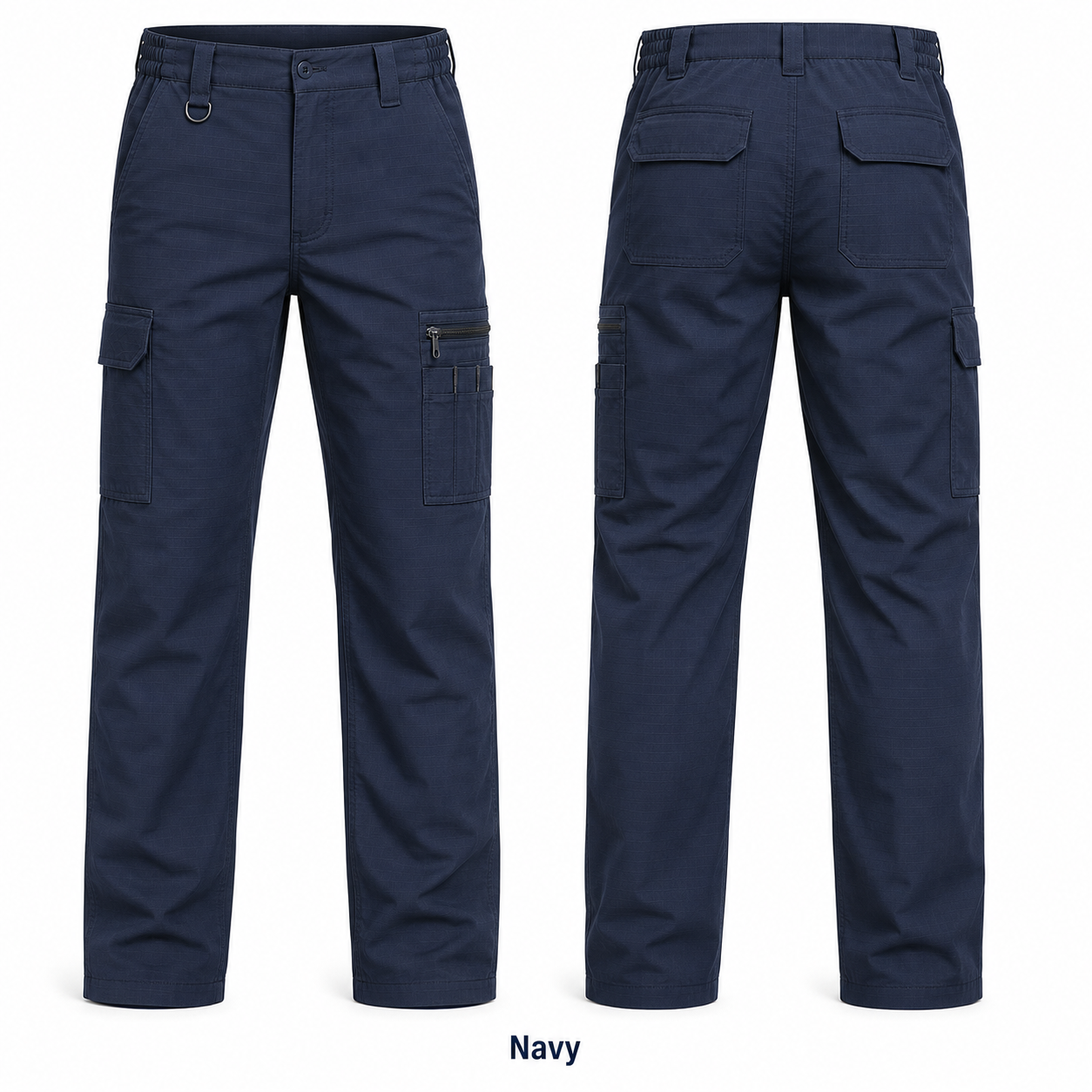 Navy 9-pocket work pants front and back product view