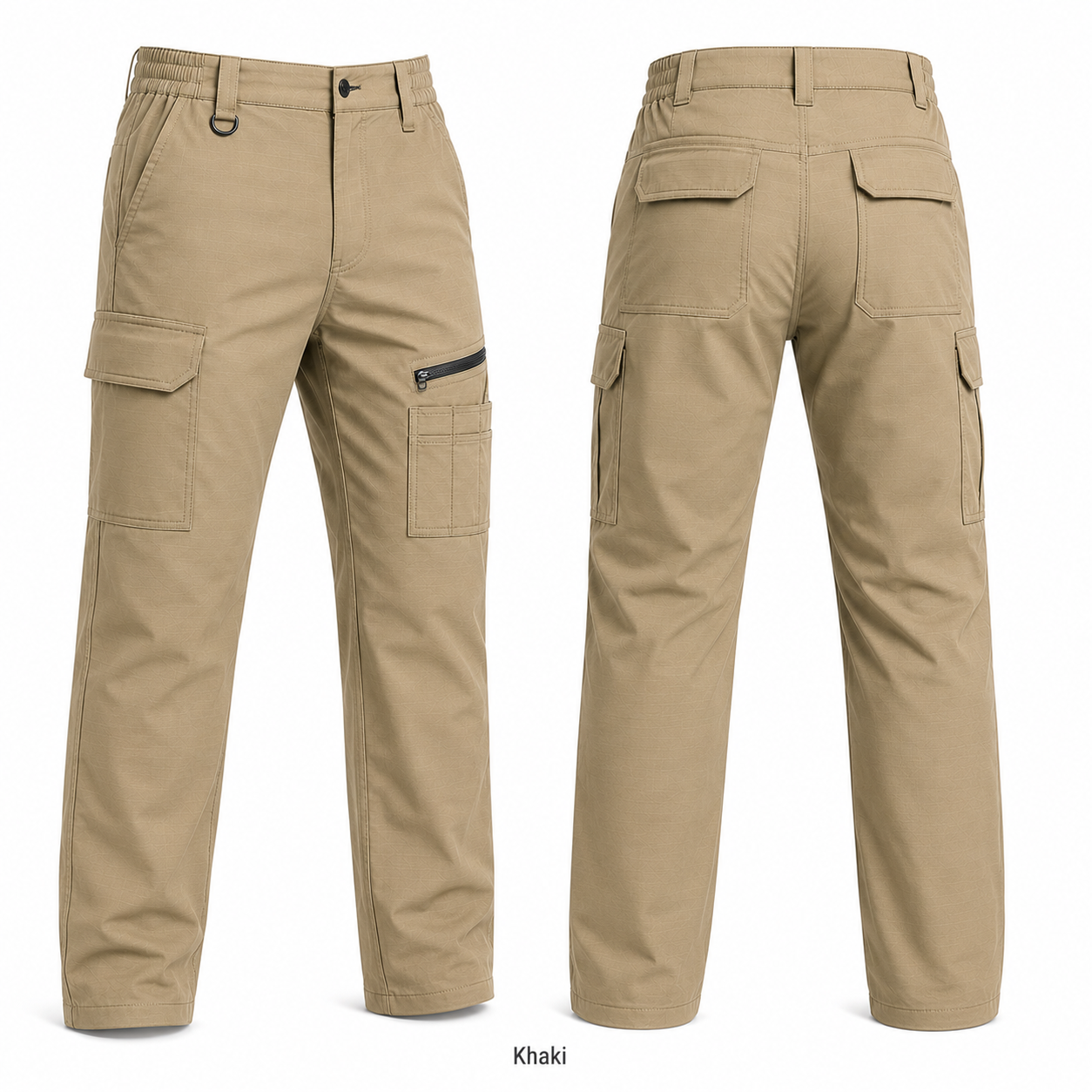 Khaki 9-pocket work pants front and back product view