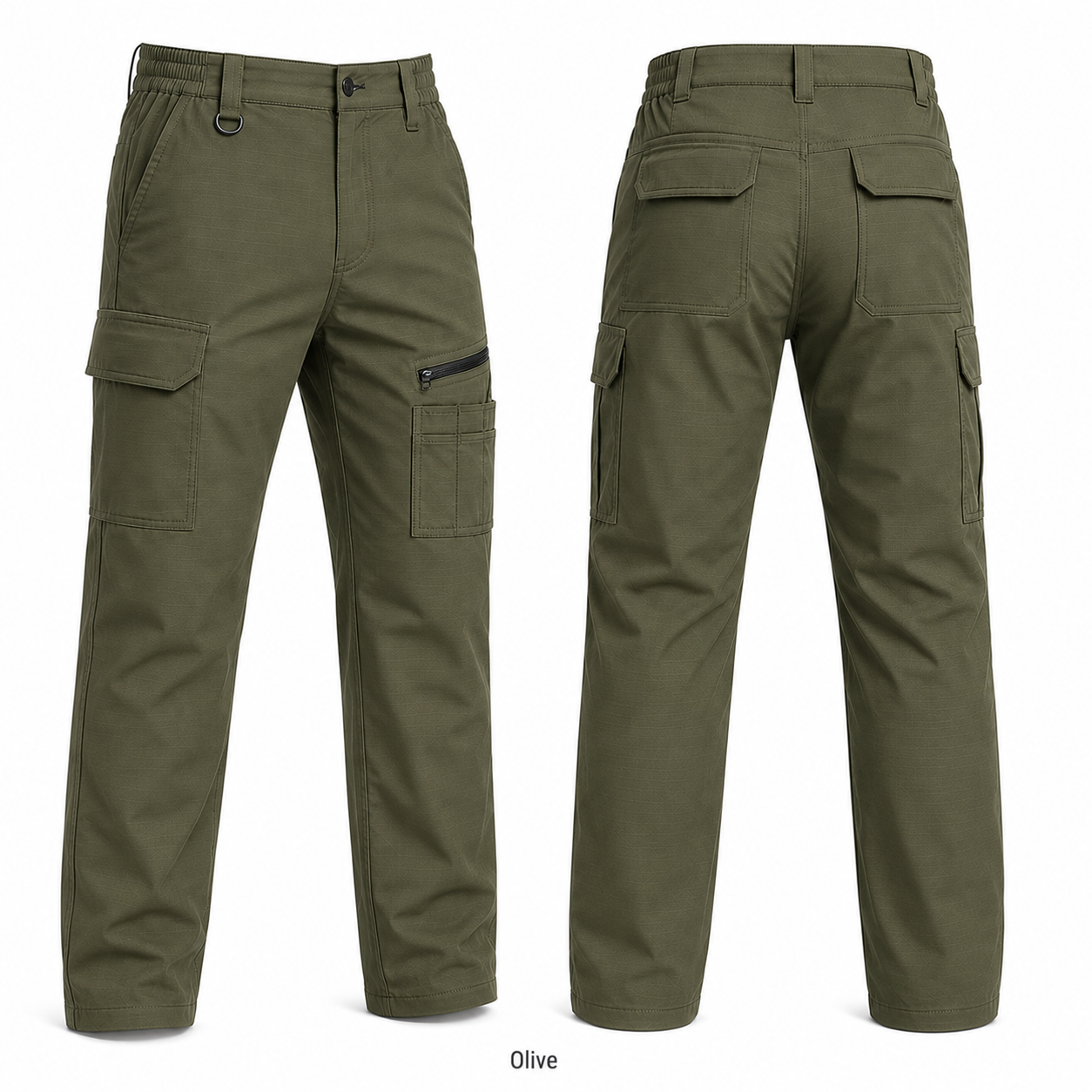 Olive 9-pocket work pants front and back product view