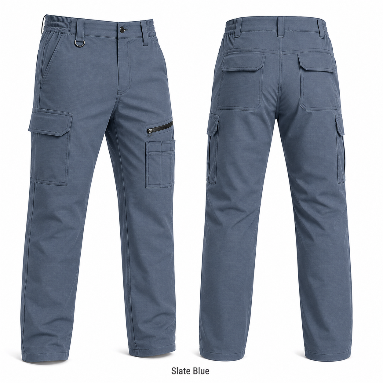 Slate Blue 9-pocket work pants front and back product view