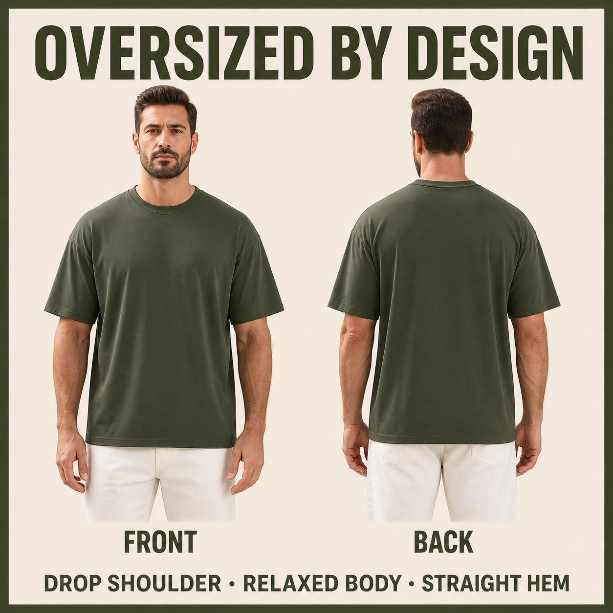 Men's olive oversized T-shirt front and back fit views