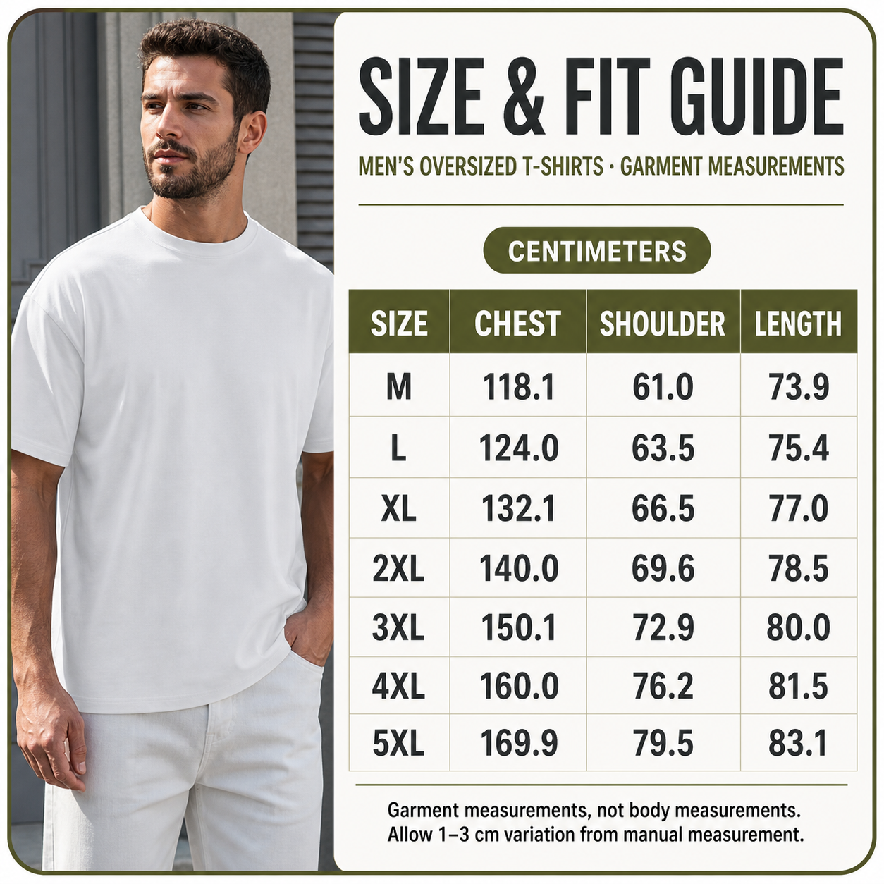Men's oversized T-shirt M to 5XL garment size chart in centimeters