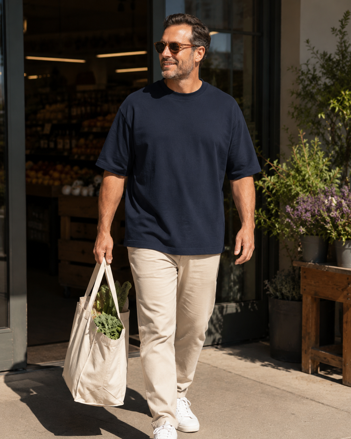 Brown oversized T-shirt at a casual backyard gathering