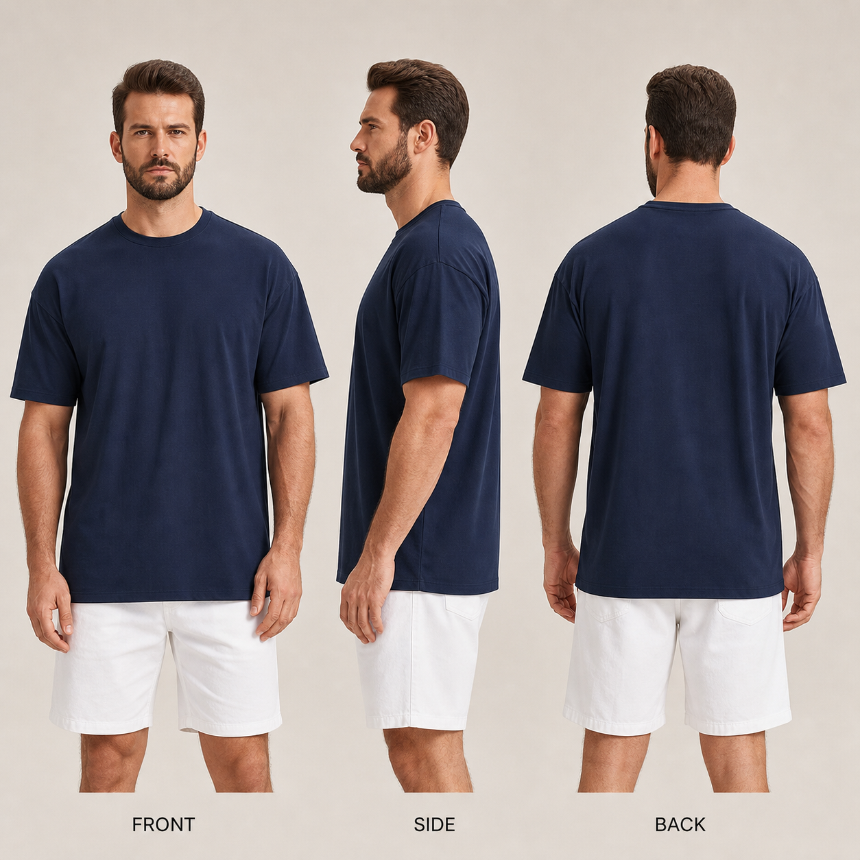 Men's navy oversized drop-shoulder T-shirt front, side and back views