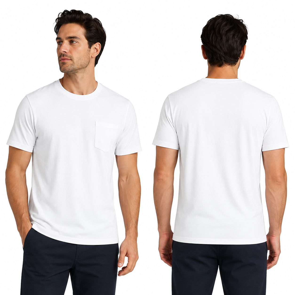 Men's white UPF 80+ pocket t-shirt model front and back view