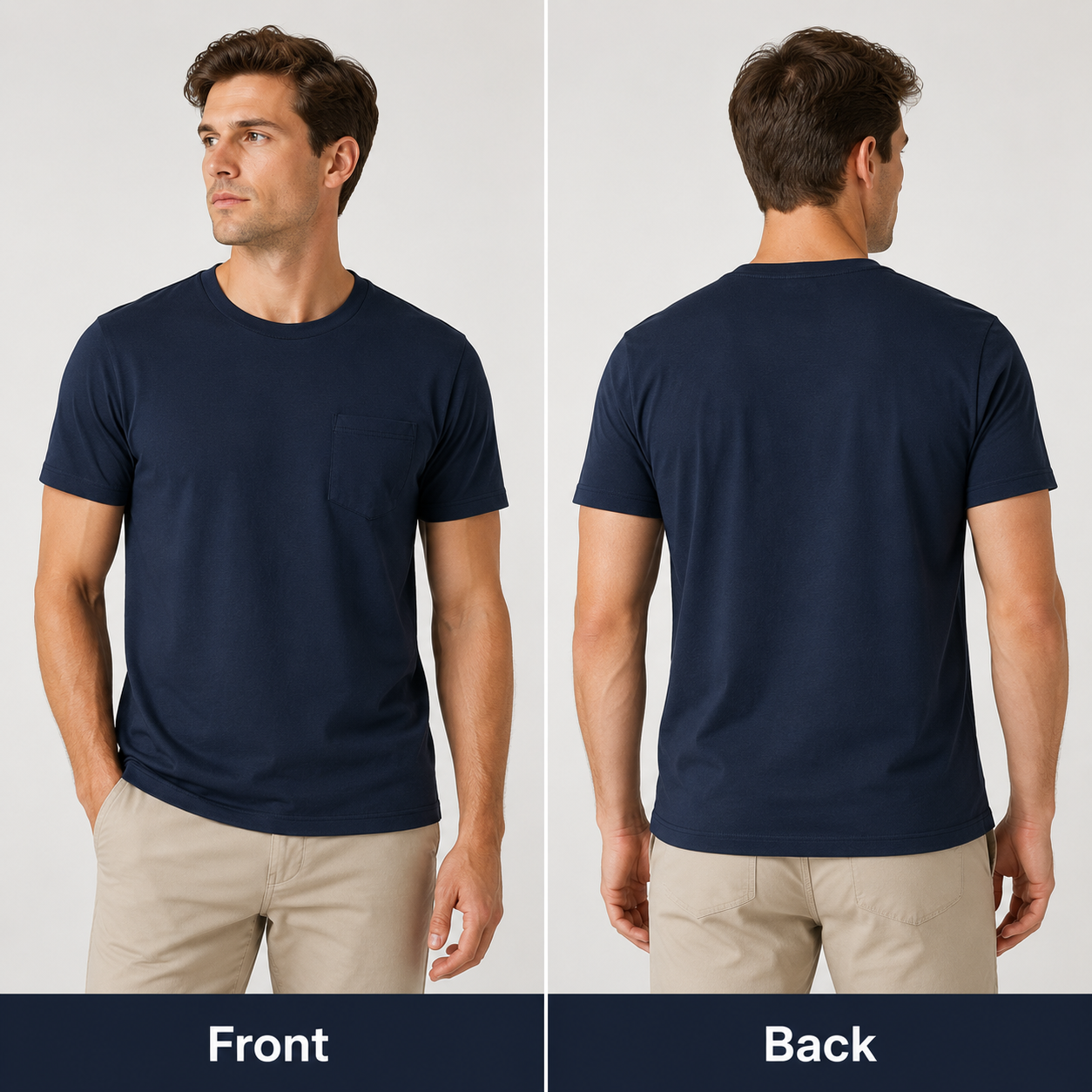 Men's navy UPF 80+ pocket t-shirt model front and back view