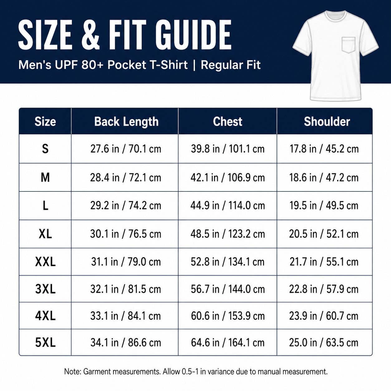Men's UPF 80+ pocket t-shirt size guide S to 5XL