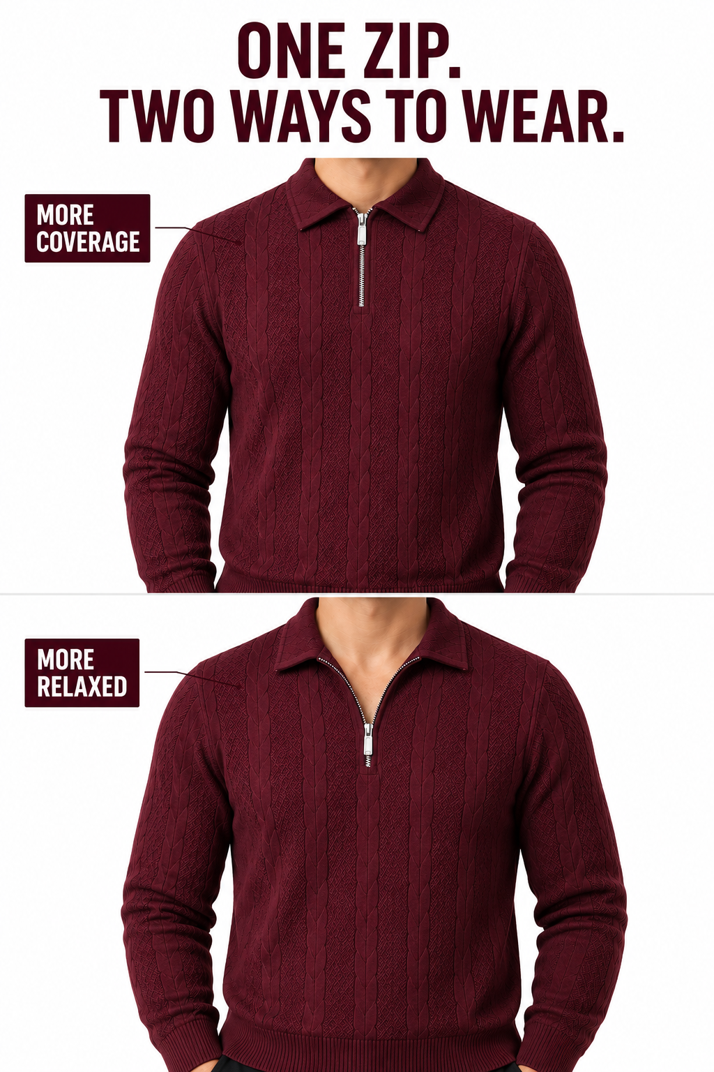 Half-zip neckline shown with more coverage and a relaxed opening