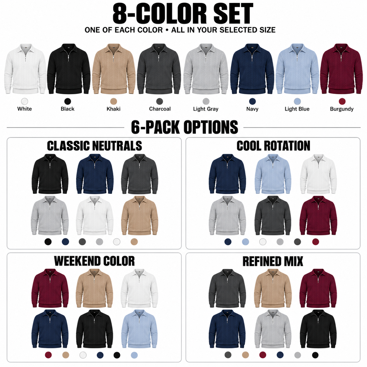 Pack options: one of each of eight colors, plus Classic Neutrals, Cool Rotation, Weekend Color, and Refined Mix six-packs