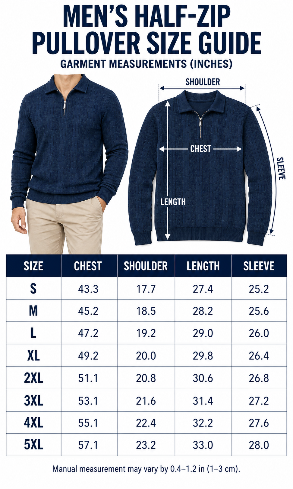 Men half-zip pullover S through 5XL garment measurements and measuring diagram