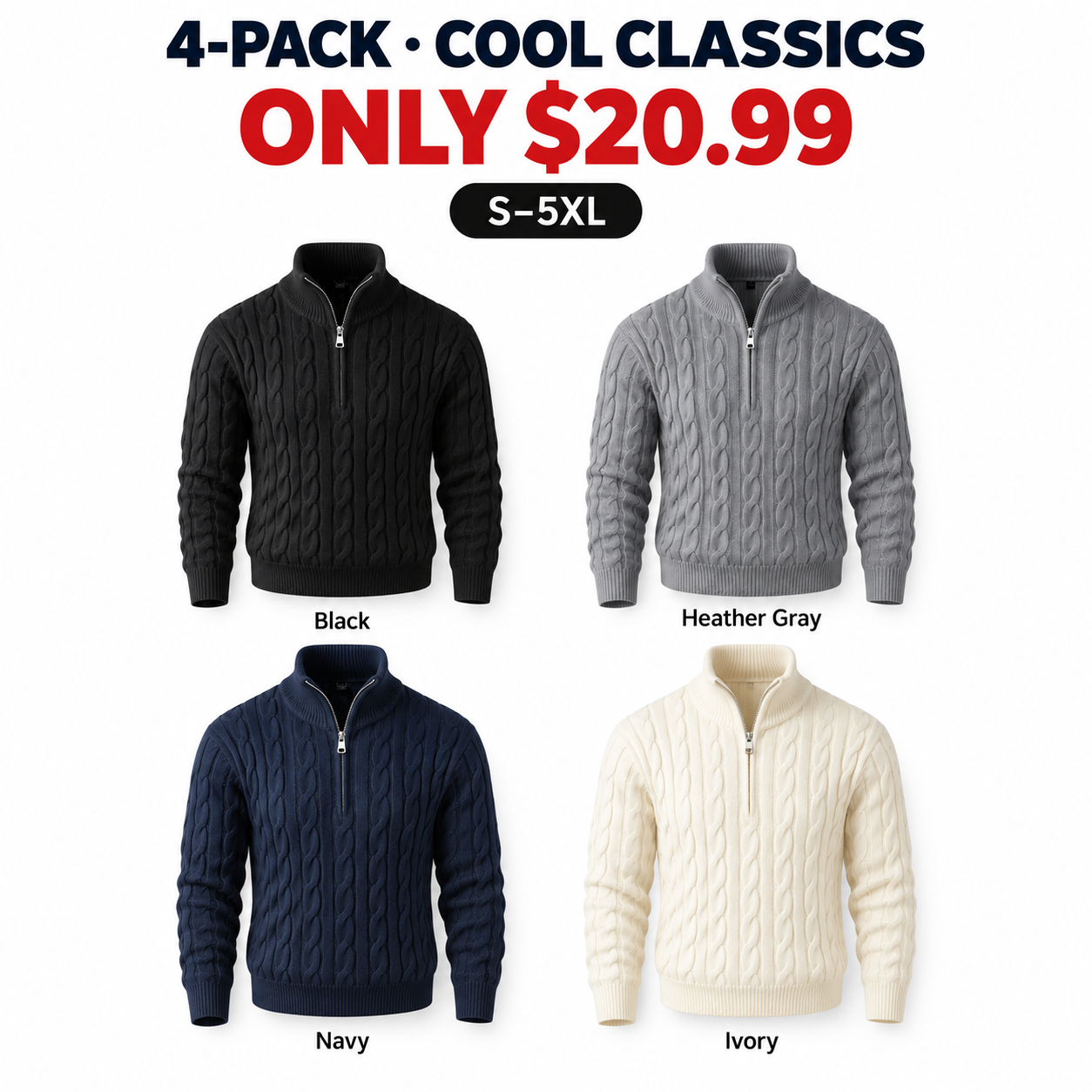Black, Heather Gray, Navy, and Ivory cable-knit sweaters, 4-Pack Cool Classics, $20.99