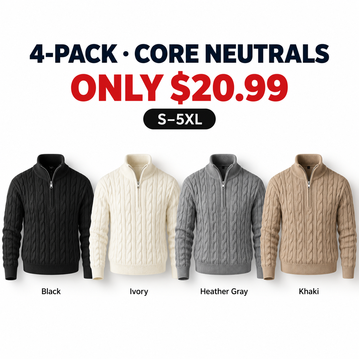 Black, Ivory, Heather Gray, and Khaki cable-knit sweaters, 4-Pack Core Neutrals, $20.99