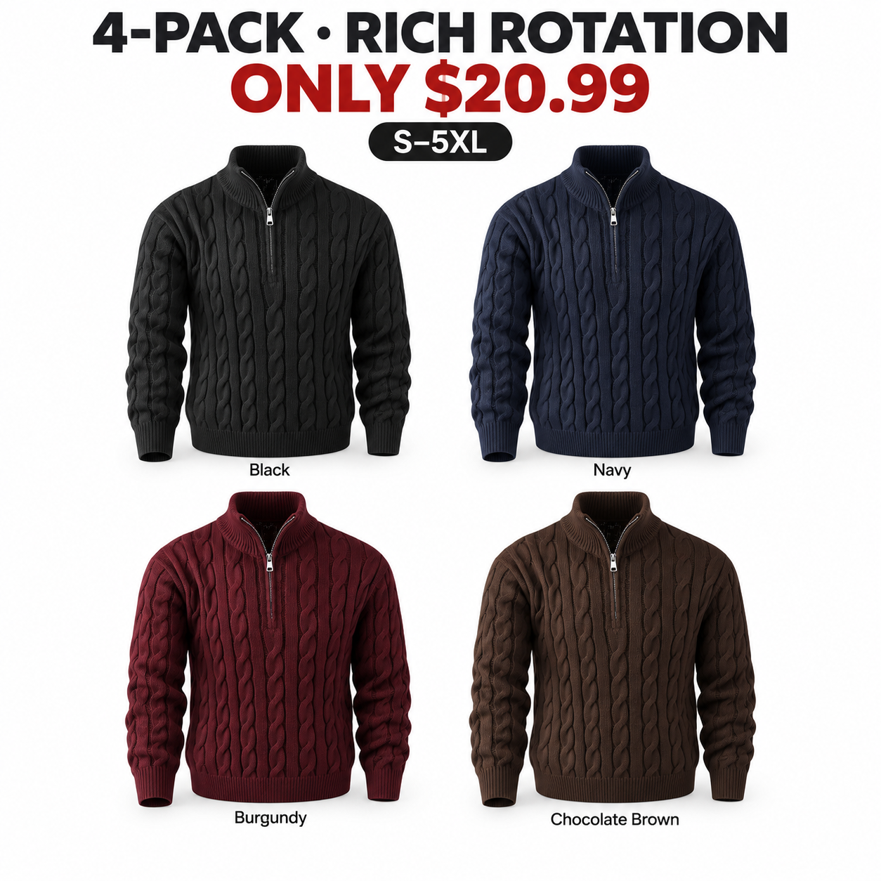 Black, Navy, Burgundy, and Chocolate Brown cable-knit sweaters, 4-Pack Rich Rotation, $20.99