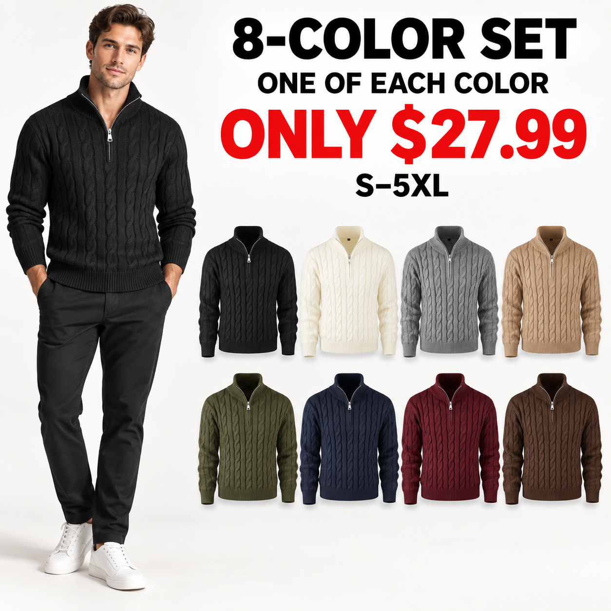 Male model with all eight cable-knit quarter-zip sweaters, 8-Pack All Colors, $27.99