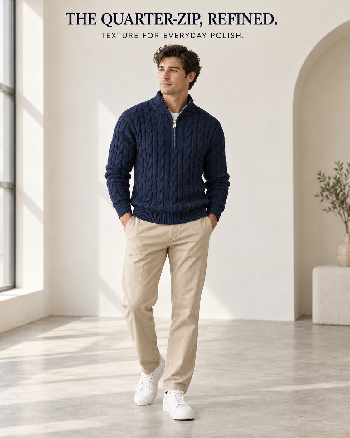 Navy cable-knit quarter-zip sweater fit hero