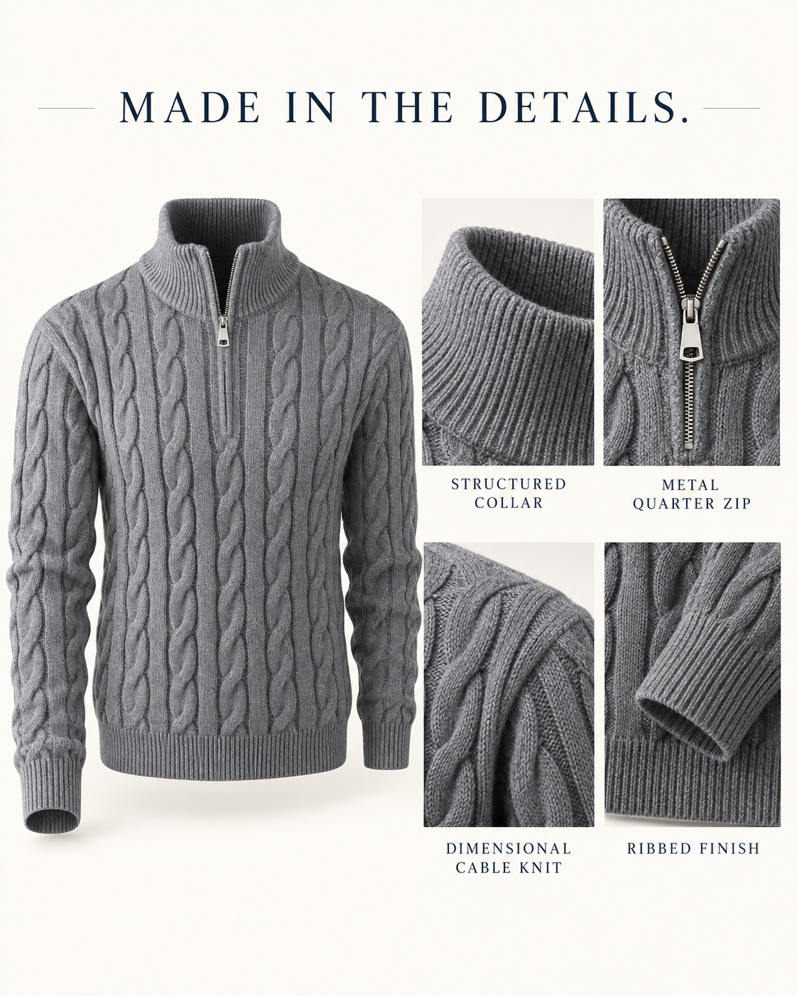 Complete sweater with collar zipper cable-knit and ribbed-finish details