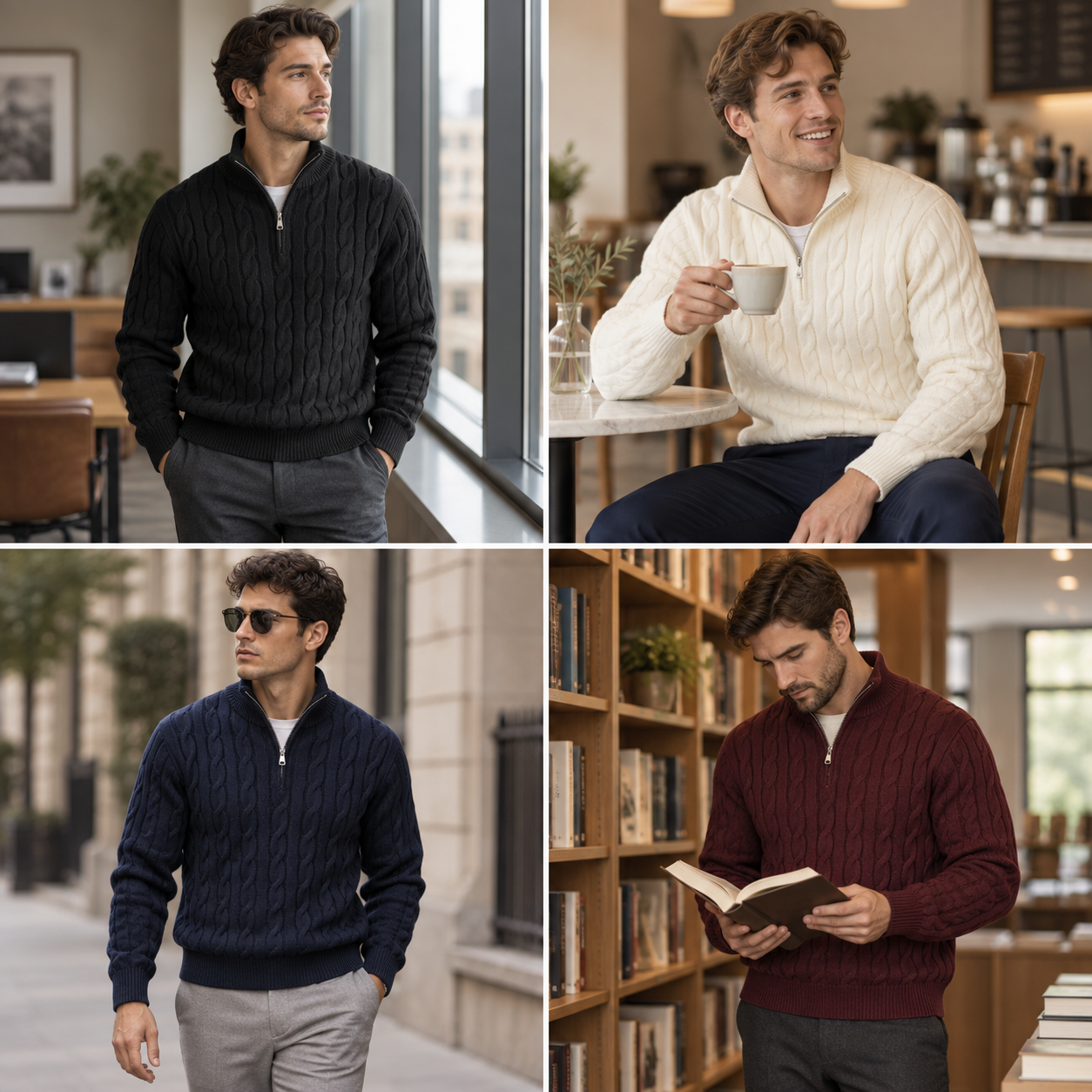 Four square smart-casual lifestyle scenes