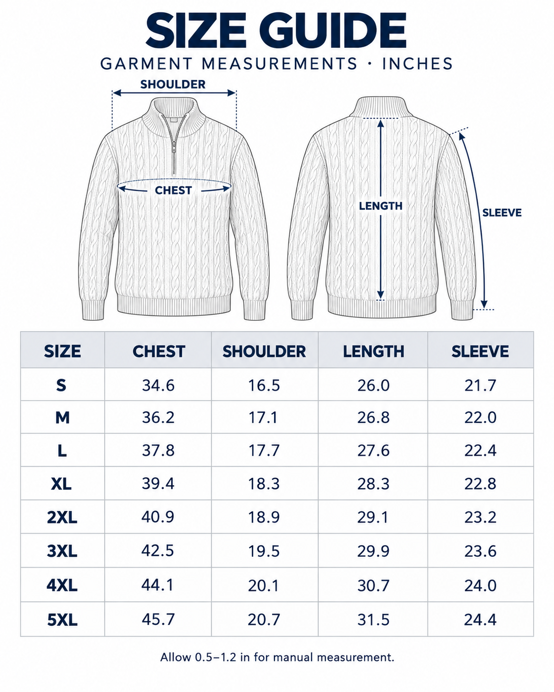 S to 5XL garment measurement guide in inches
