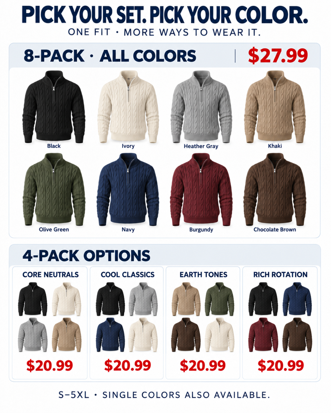 Eight colors with 8-Pack 4-Pack and single-color choices