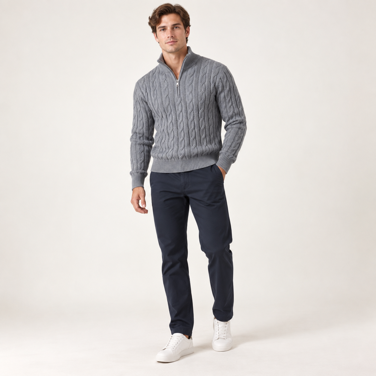 Male model wearing the Heather Gray cable-knit quarter-zip stand-collar sweater, front fit
